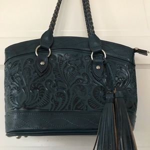 PN Zurita Hand Tooled Braided Shoulder Teal Bag
